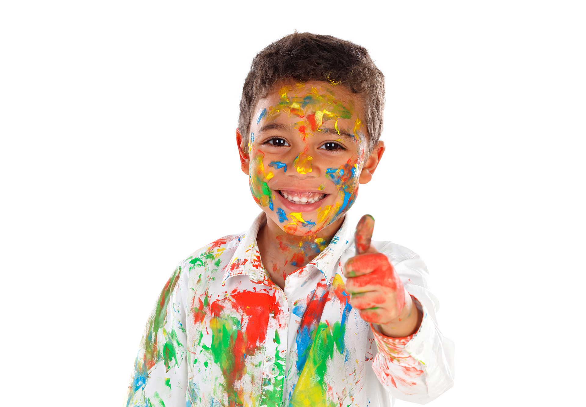 Happy latin child paint stained saying Ok isolated on a white background